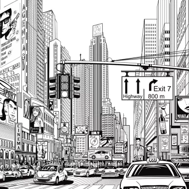 Cartoon City mustavalkoinen piirretty kaupunkitapetti Rebel Wallsilta R10621 kuva